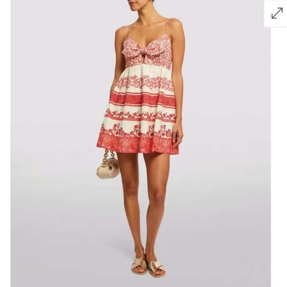 Alice + Olivia Linen Melvina Mini Dress Tie Front Block Print Red Antique White - Picture 8 of 16